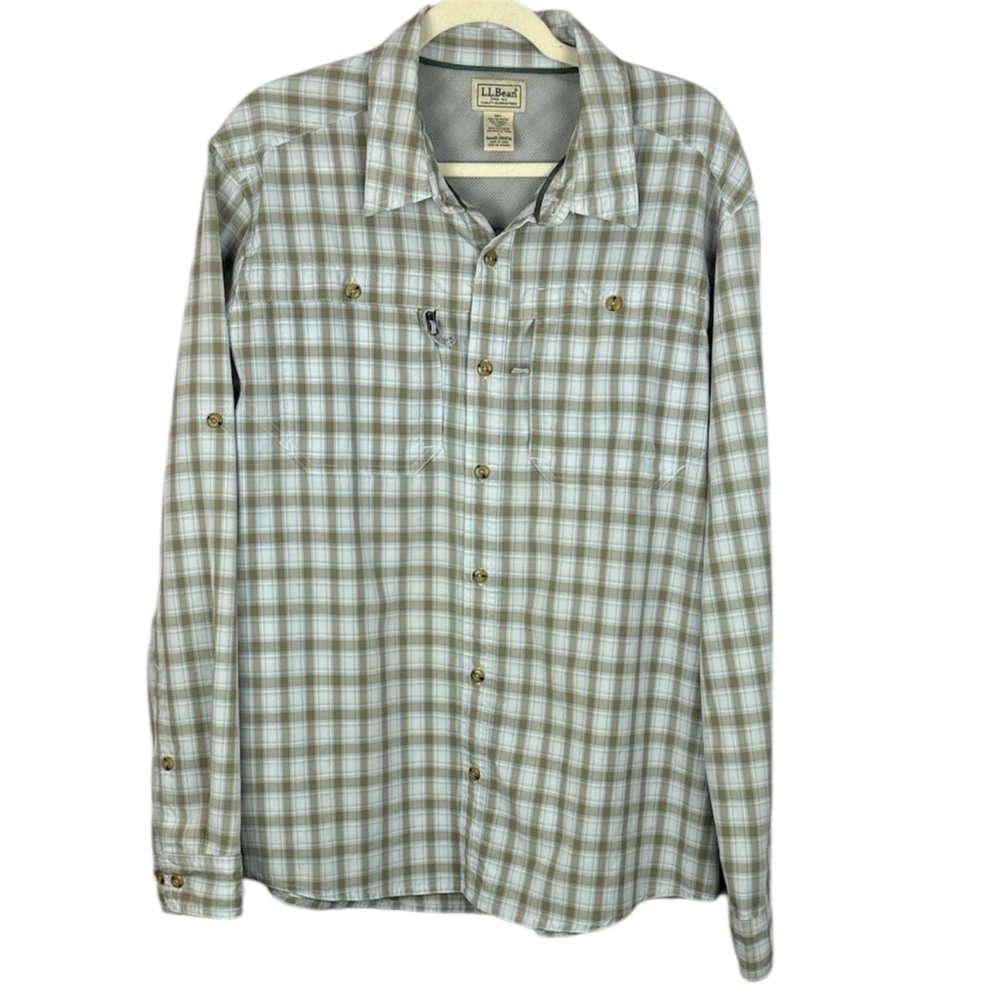 L.L. Bean No Fly Zone Brown White Cargo Pockets Plaid Long Sleeve Large Shirt